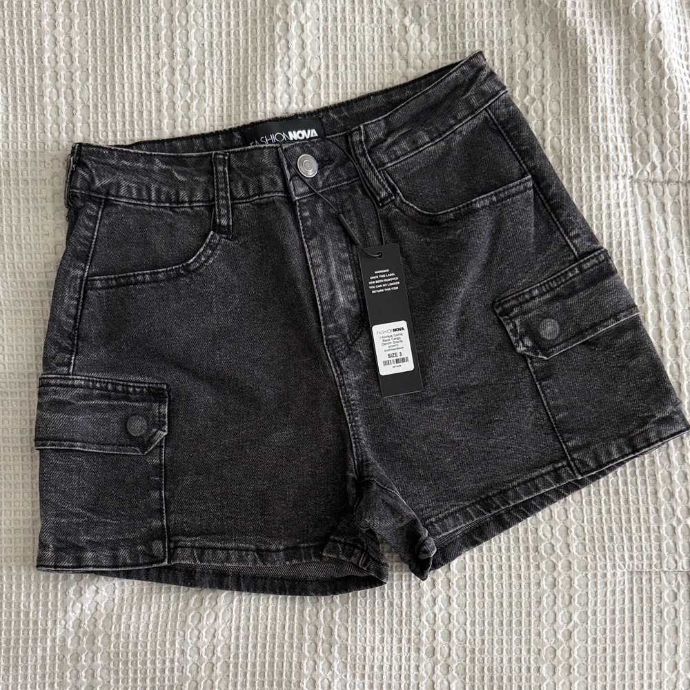 Fashion Nova Washed Black Cargo Denim Shorts